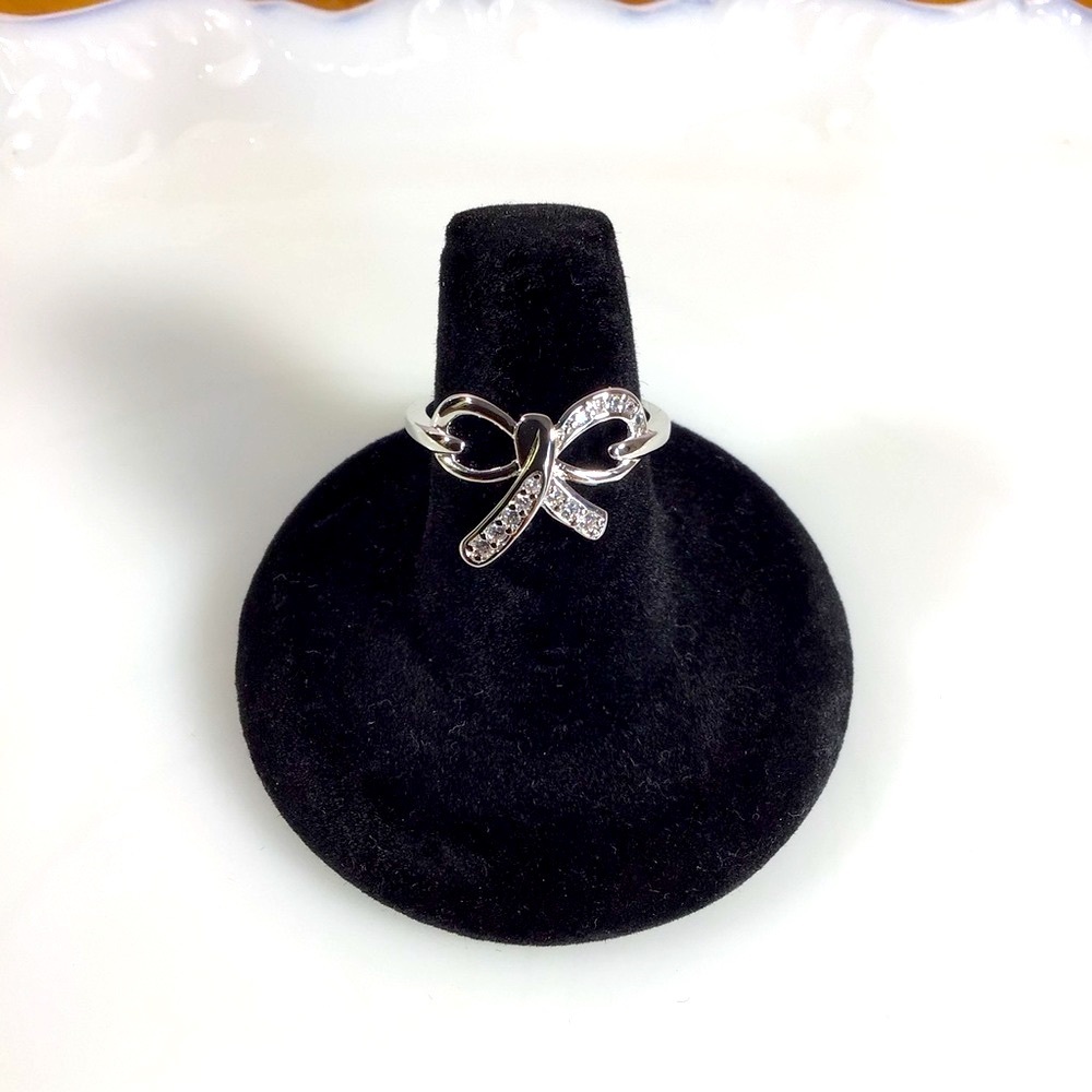 Dainty Pave Cubic Zirconia Bow Silver Fashion Ring - Size 10